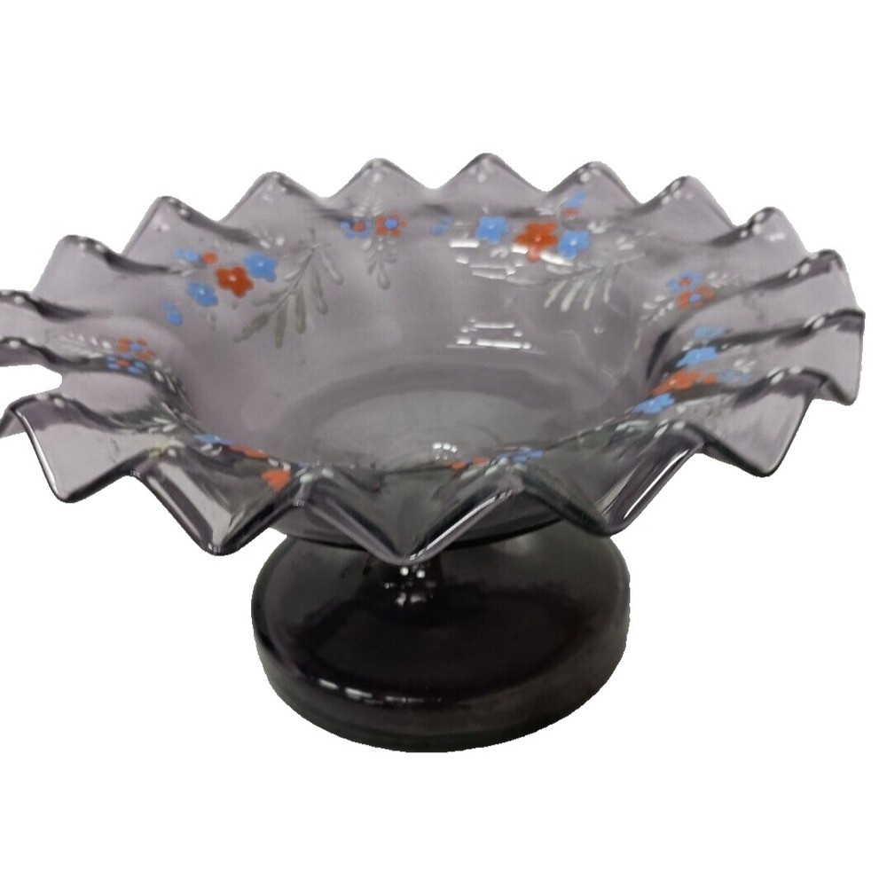 Vintage Fenton Purple Glass Floral Ruffle Bowl Compote Dish Hand Painted Footed